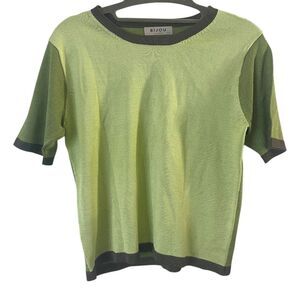 100% Silk Bijou Green Knit Crewneck‎ Short Sleeve Top   S